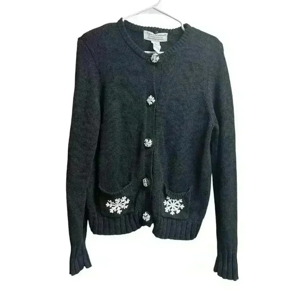 Tiara International Black Snowflake Sweater Christmas Cardigan Medium - Picture 1 of 7